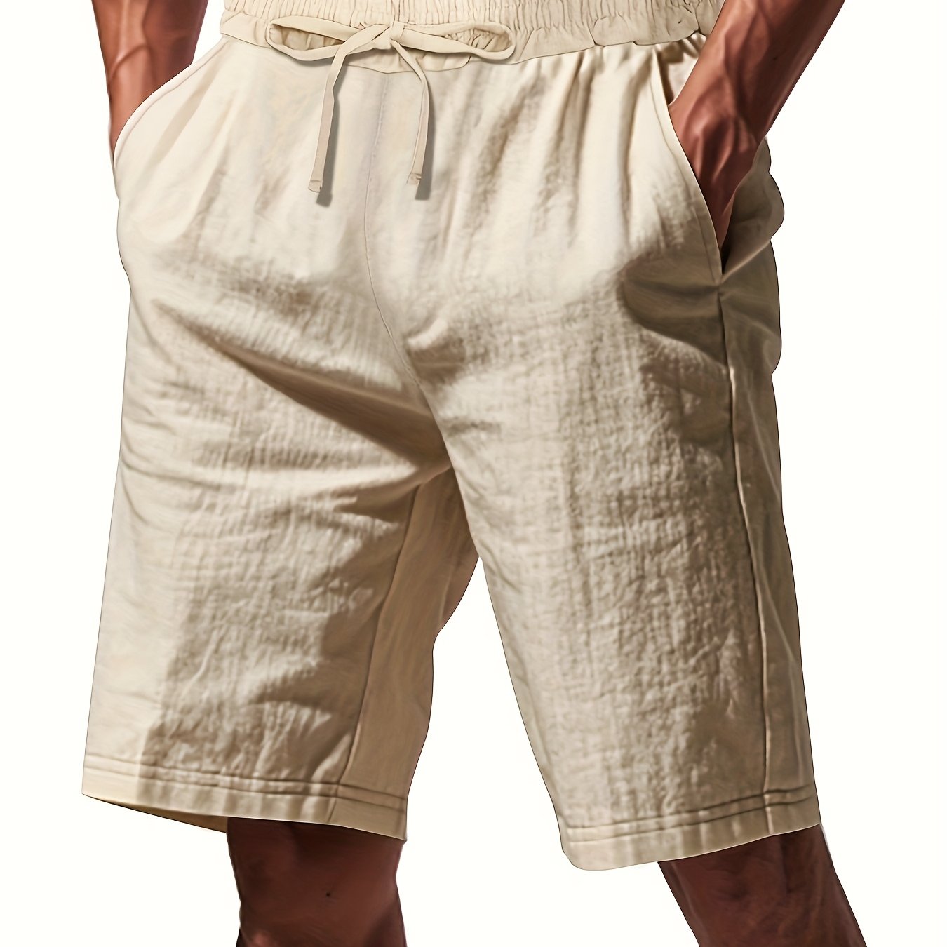 Men'S Lightweight Linen Shorts - Breathable, Casual Summer Beach & Sports Wear, Loose Fit with Pockets, Elastic Waistband, Beige, Aseptic Material, Summer Casual Wear|Trendy Men'S Shorts|Comfortable Fit, Beach Shorts