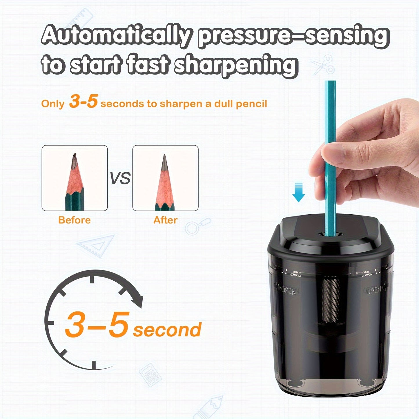 New Bee Electric Pencil Sharpener Heavy Duty Spiral Blade Automatic Pencil Sharpener With Battery Power For No. 2 (6-8mm) Pencils And Colored Pencils For School/Office/Home (AC Adapter Not Included)