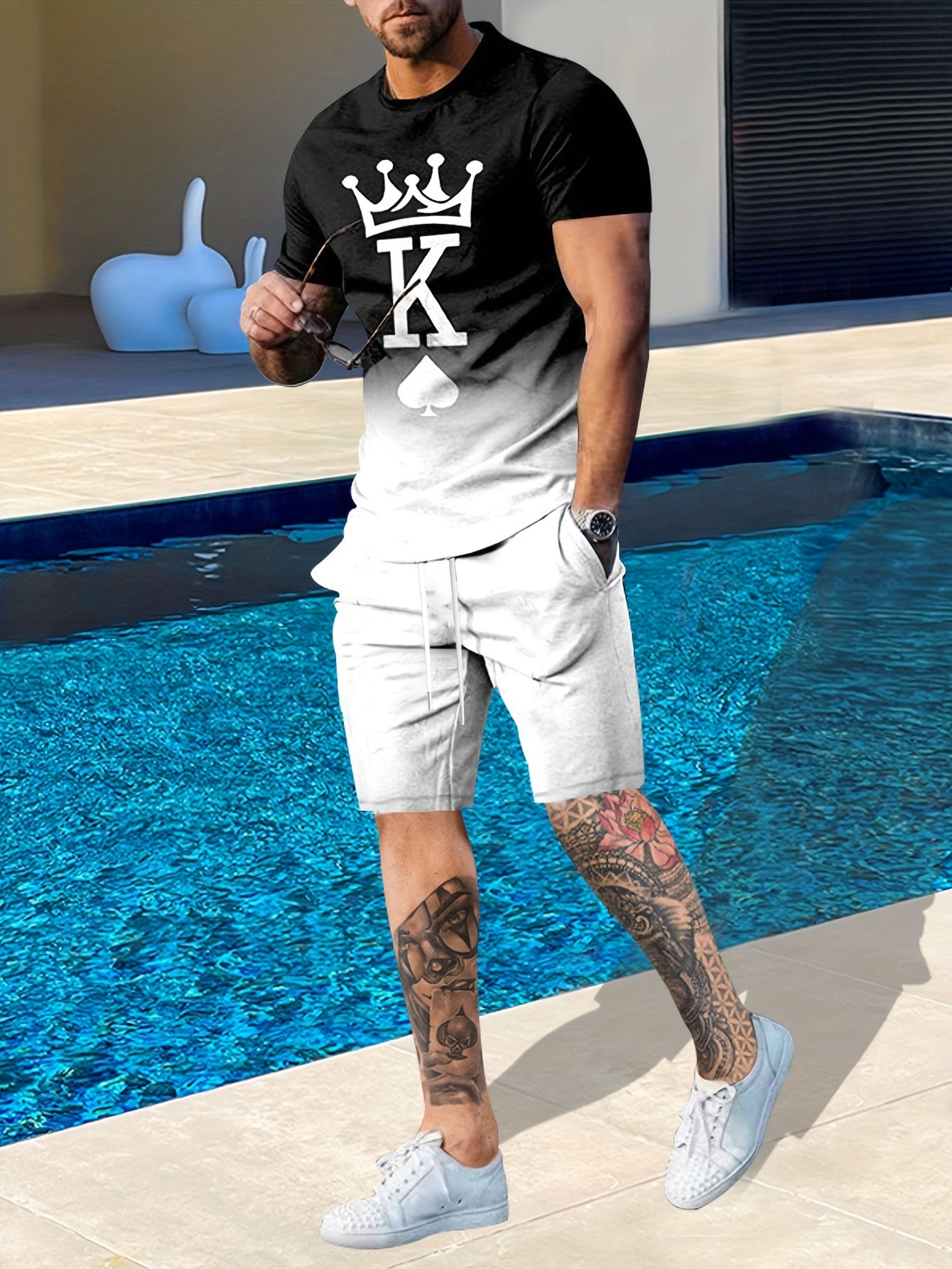 2-Piece Men’s Summer Fashion Set - Stylish K Pattern Crew Neck T-Shirt & Comfy Drawstring Shorts - Versatile Wear for Outdoor Activities & Casual Outings
