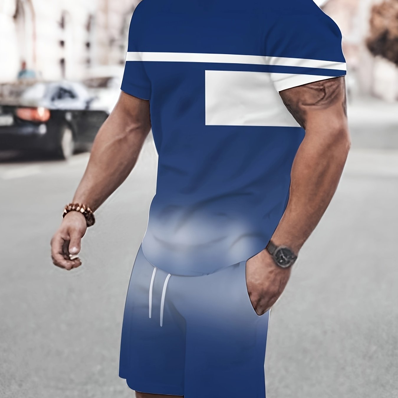 2-Piece Men’s Summer Fashion Set - Stylish K Pattern Crew Neck T-Shirt & Comfy Drawstring Shorts - Versatile Wear for Outdoor Activities & Casual Outings