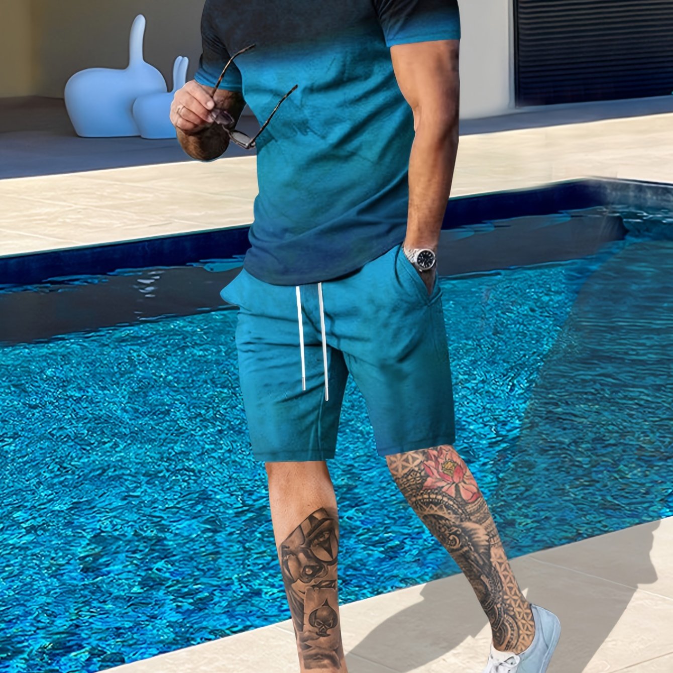 2-Piece Men’s Summer Fashion Set - Stylish K Pattern Crew Neck T-Shirt & Comfy Drawstring Shorts - Versatile Wear for Outdoor Activities & Casual Outings