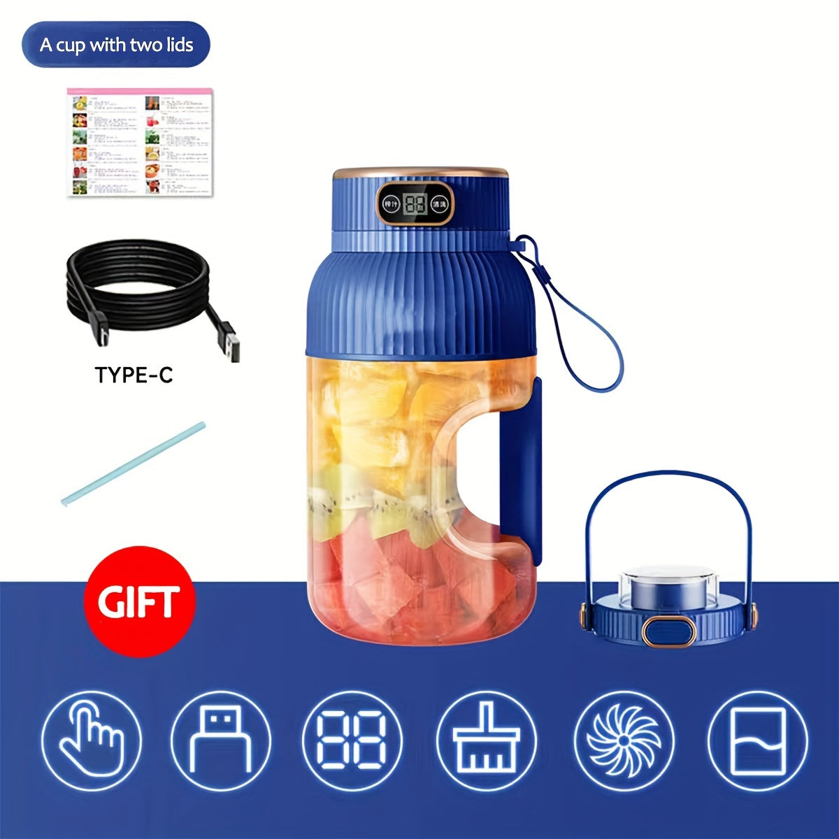 Portable Juicer Blender Cup 40.5oz/1200ml, One Cup And Two Lids (drink Lid And Juicer Lid), Super Large Capacity, Free Silicone Straw And TYPE-C Charging Cable