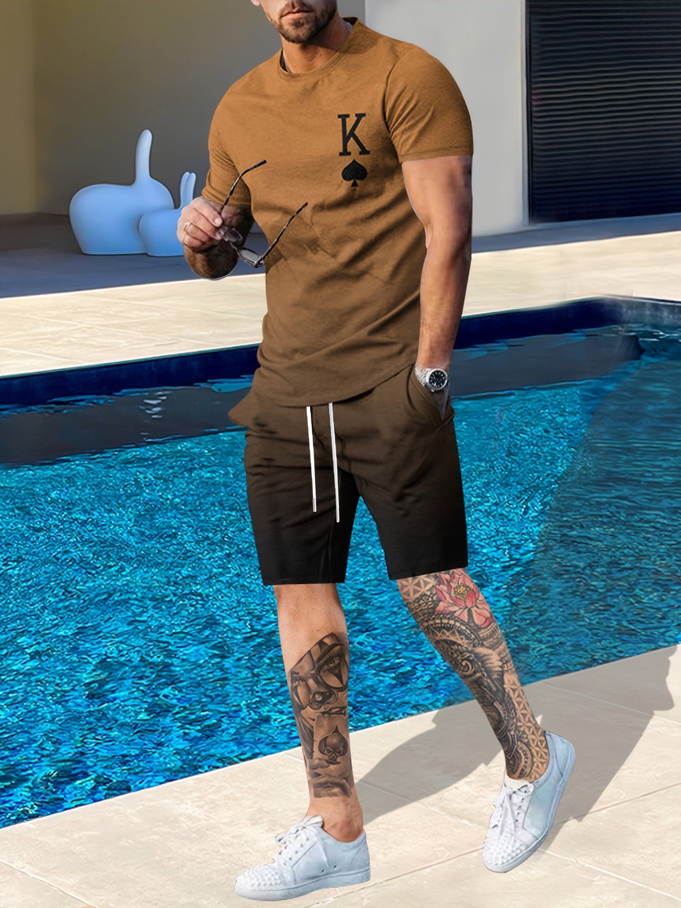 2-Piece Men’s Summer Fashion Set - Stylish K Pattern Crew Neck T-Shirt & Comfy Drawstring Shorts - Versatile Wear for Outdoor Activities & Casual Outings