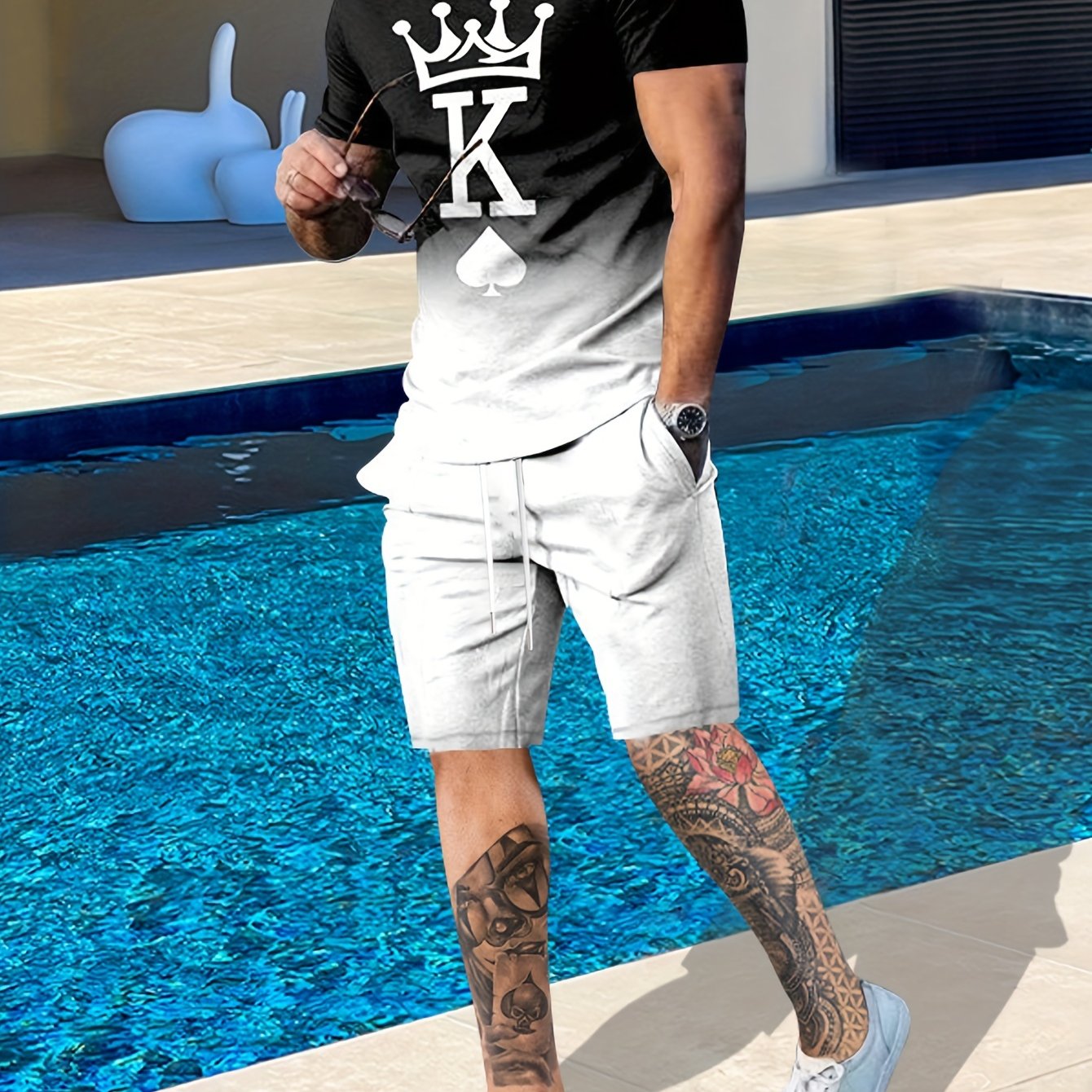 2-Piece Men’s Summer Fashion Set - Stylish K Pattern Crew Neck T-Shirt & Comfy Drawstring Shorts - Versatile Wear for Outdoor Activities & Casual Outings