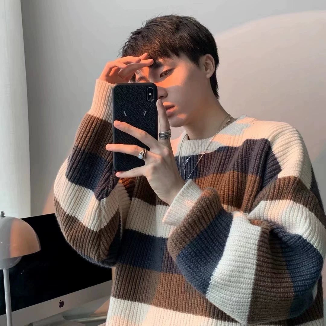 Contrast Color Striped Crew Neck Retro Hong Kong Style Chic Sweater