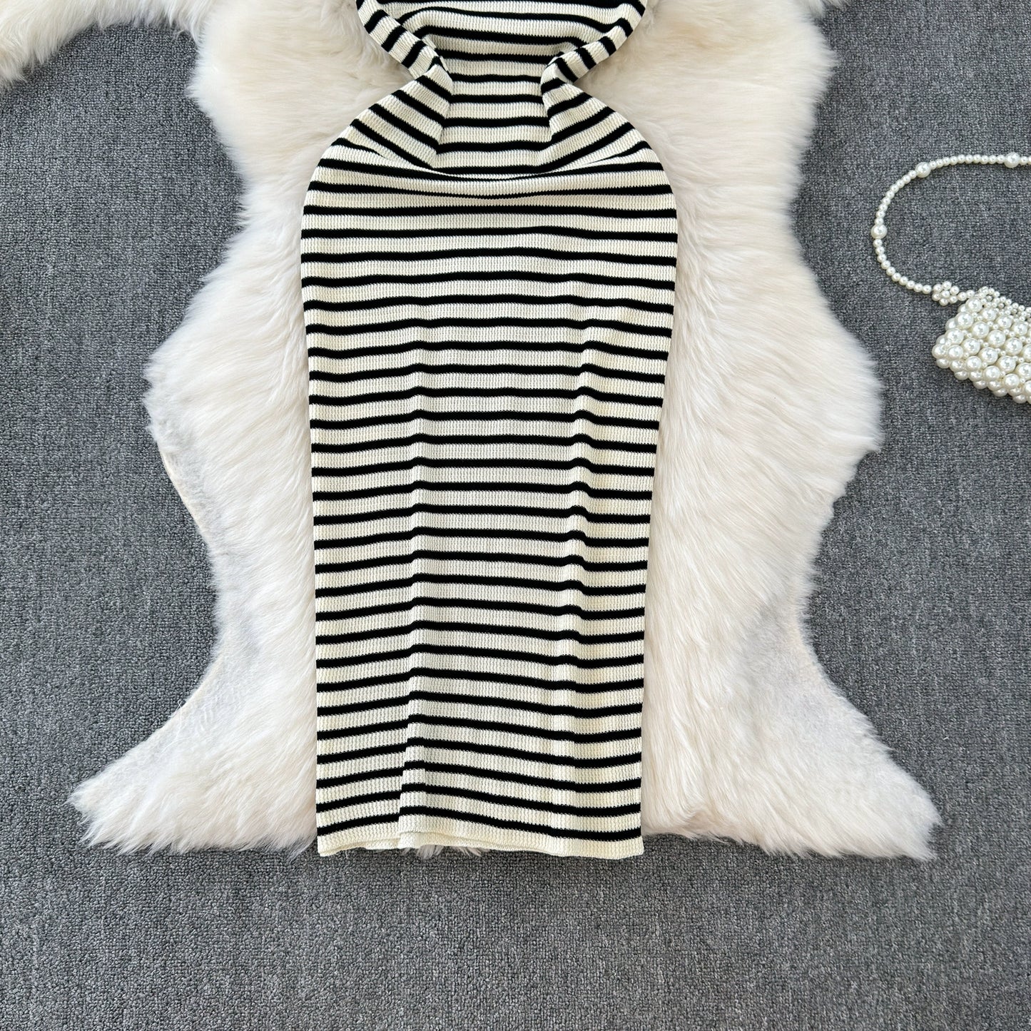 Summer New Temperament Crew Neck Sleeveless Stretch Waist Hip Knitted Dress No Slit Sleeve Hip-Wrapped Mid-Length Dress