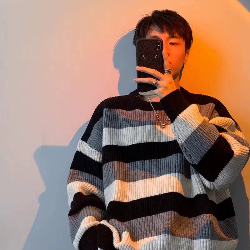 Contrast Color Striped Crew Neck Retro Hong Kong Style Chic Sweater