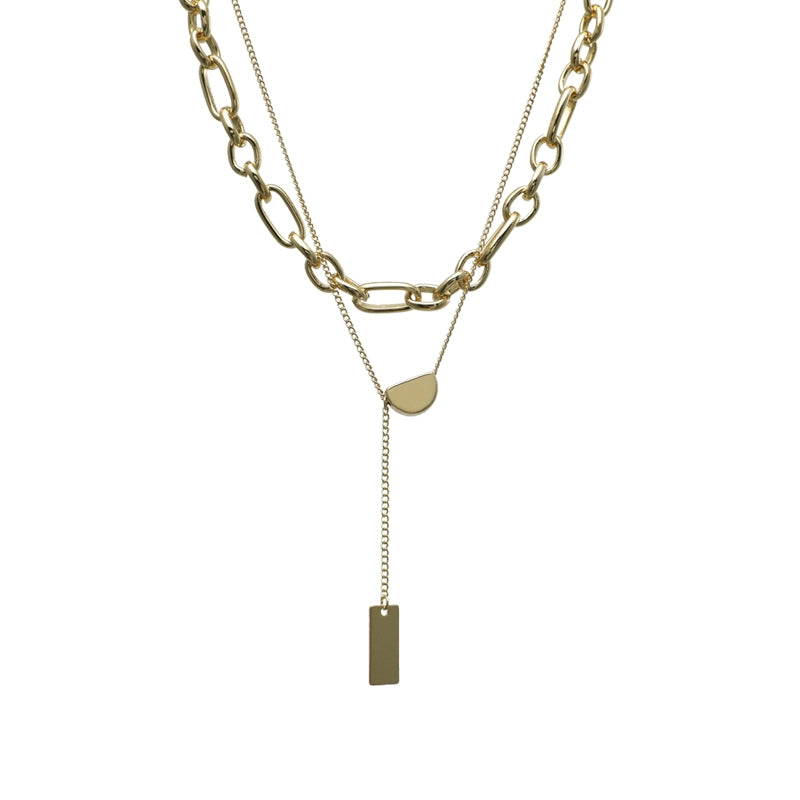 Chai Fu Grocery Store/X655 Ins Minimalist Multi-Layer Twin Gold Ingot Square Piece Pendant Necklace Necklace