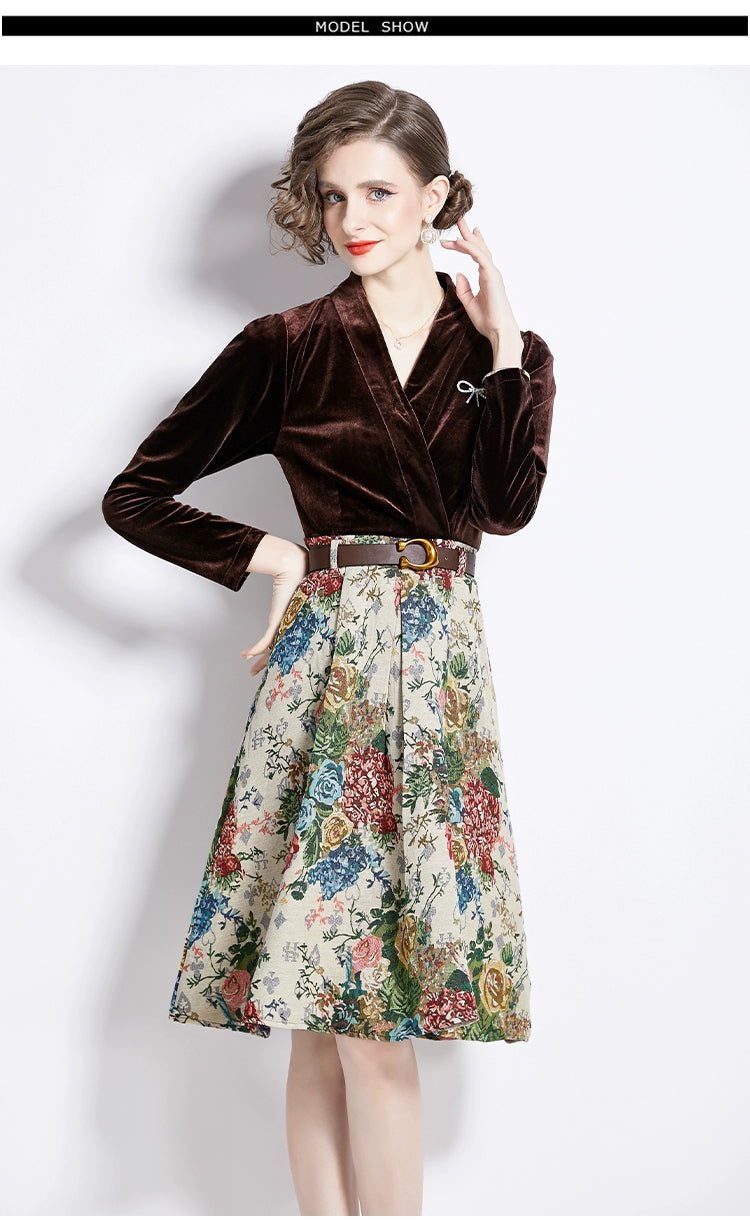 Gold Velvet Jacquard Fake Two-Piece Dress