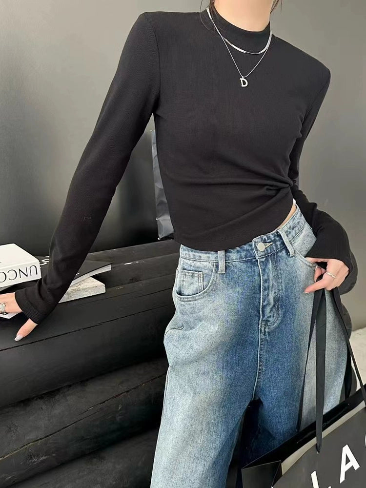 Fall and Winter Elastic Threaded Long Sleeve Silm Short Bottoming Shirt
