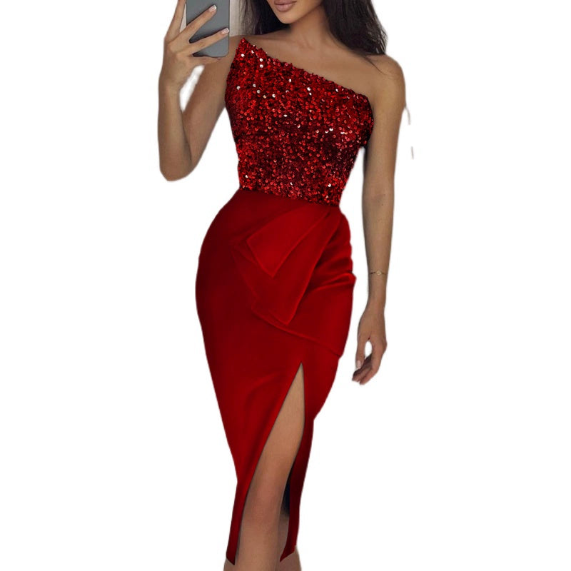off-Shoulder Sequin Patchwork Slit Dress Dress