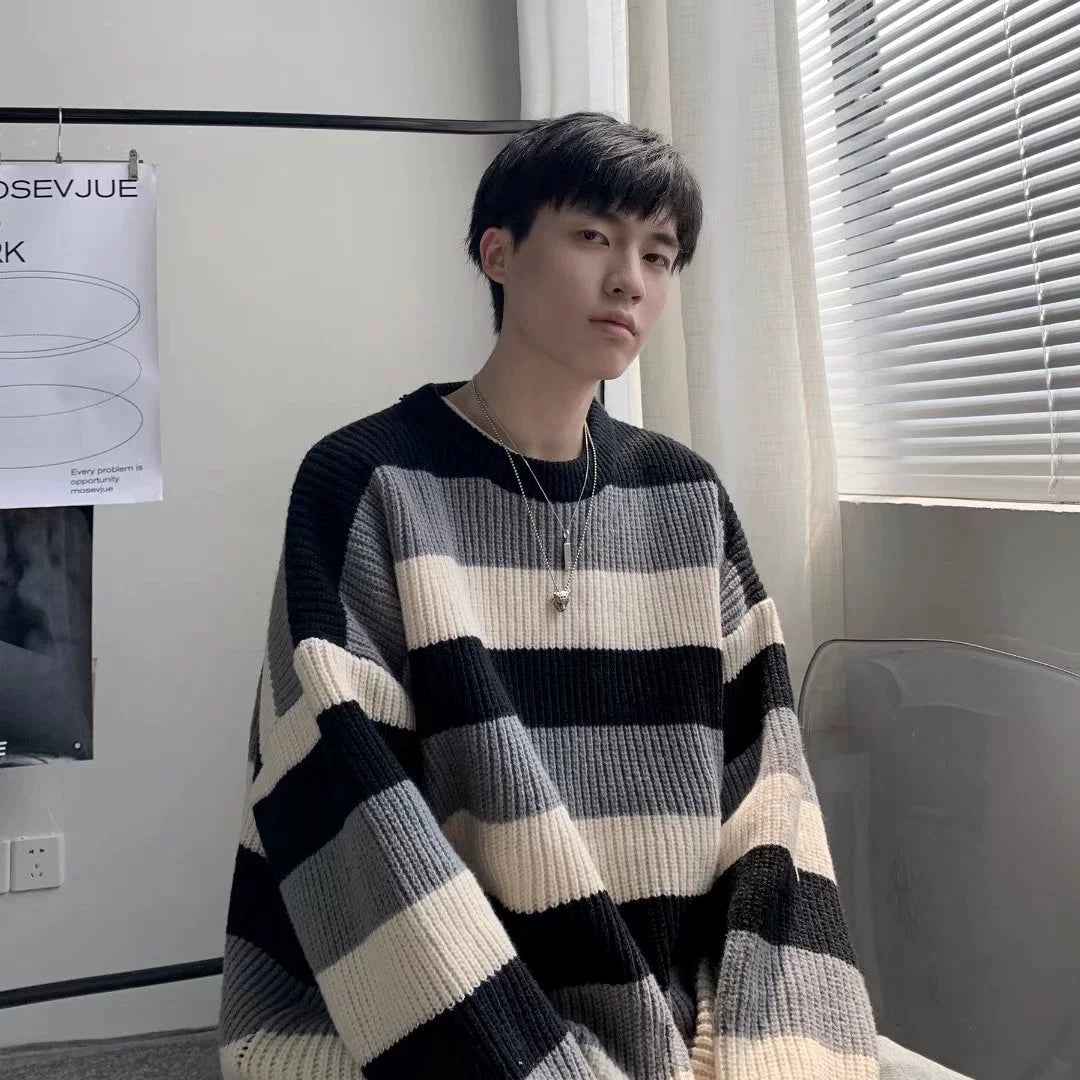Contrast Color Striped Crew Neck Retro Hong Kong Style Chic Sweater