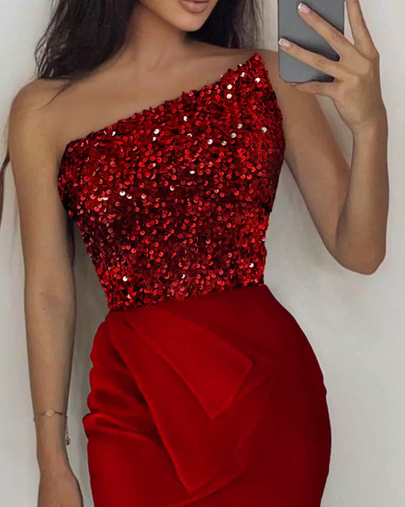 off-Shoulder Sequin Patchwork Slit Dress Dress
