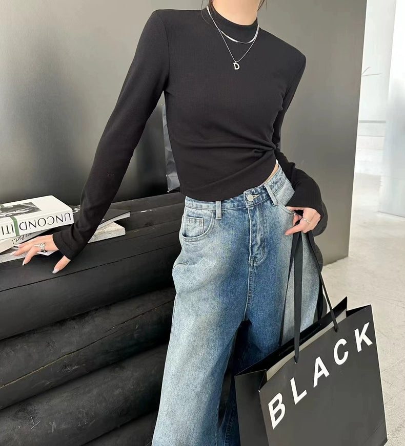 Fall and Winter Elastic Threaded Long Sleeve Silm Short Bottoming Shirt