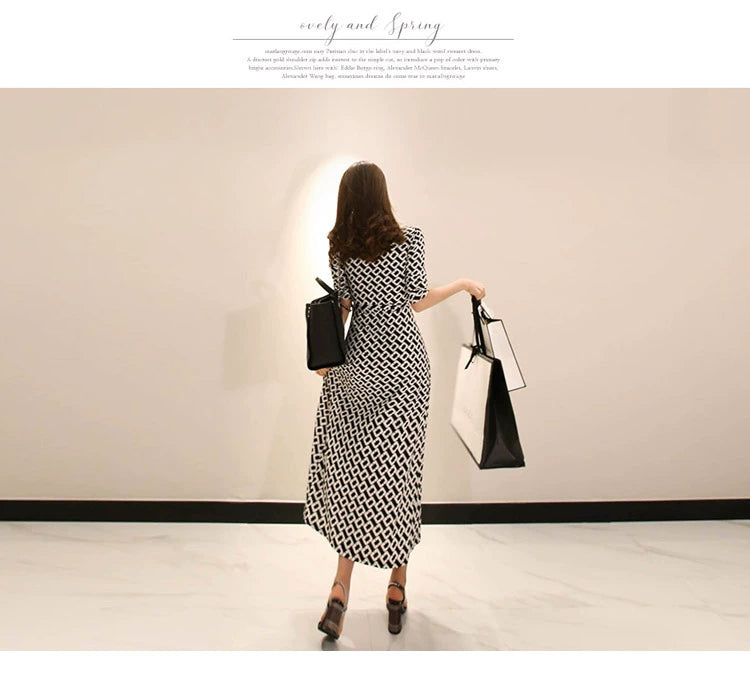 New Spring and Summer One-Piece Print Dress Shoelace Fashion Long Skirt Slim Looking High Elegant V Neck Slim Dress