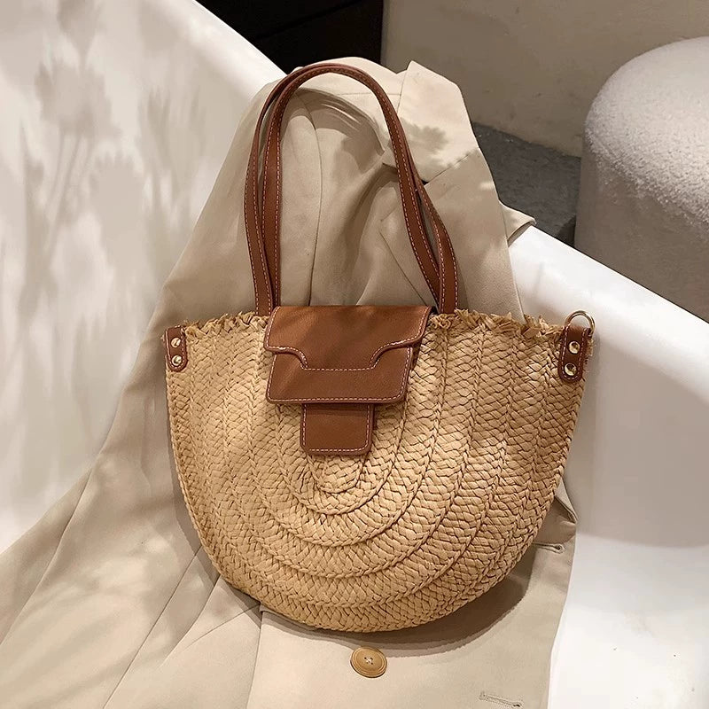 French Style Retro Straw Bag Semicircle Underarm Shoulder Messenger Bag Seaside Vacation Beach Woven Bag