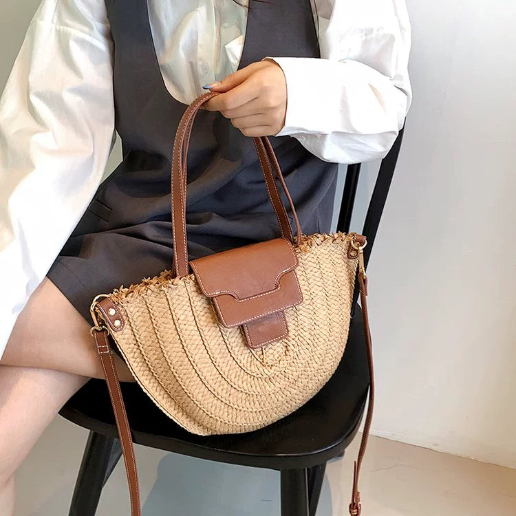 French Style Retro Straw Bag Semicircle Underarm Shoulder Messenger Bag Seaside Vacation Beach Woven Bag