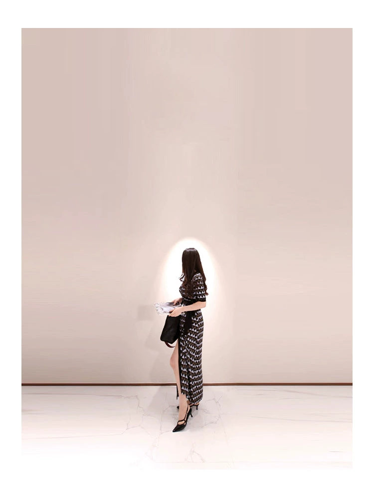 New Spring and Summer One-Piece Print Dress Shoelace Fashion Long Skirt Slim Looking High Elegant V Neck Slim Dress