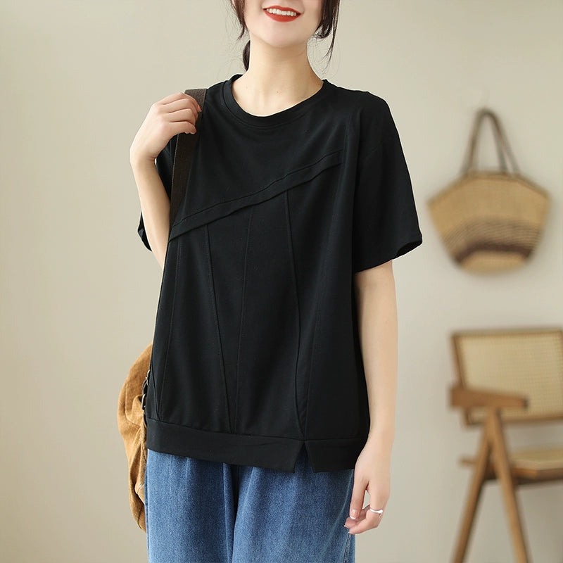 Summer 2024 New Arrival Pure Color Patchwork Covering Belly Thin T-Shirt Female Plus Size Loose All-Matching round Neck Short Sleeve Tops