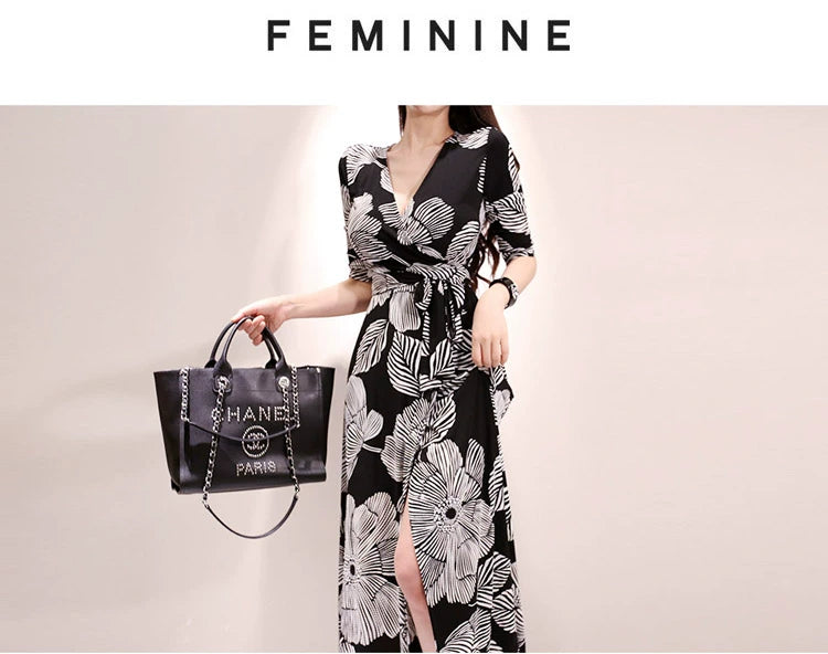 New Spring and Summer One-Piece Print Dress Shoelace Fashion Long Skirt Slim Looking High Elegant V Neck Slim Dress