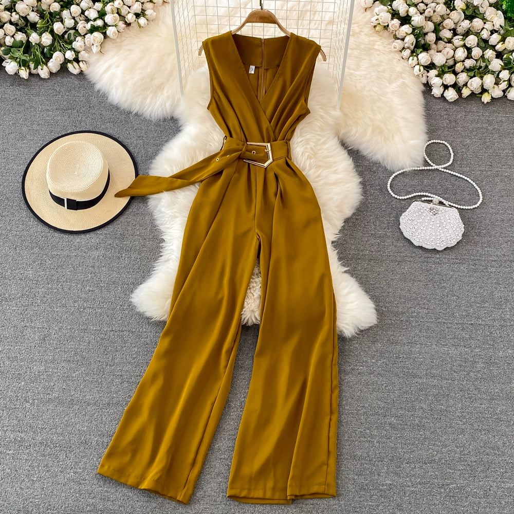 K-style V Neck High Waist Fashion Casual Drooping Wide Leg Pants