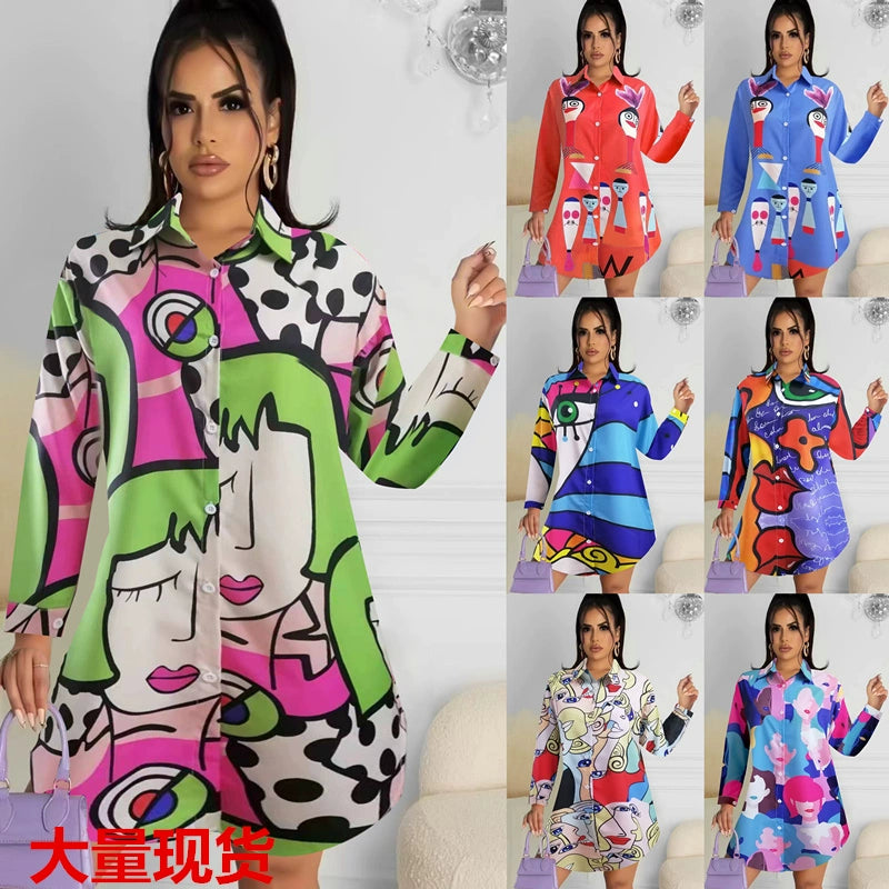 Fashion Style Fashion Elegant Amazon Cross-Border Print Mid Length Long Length Top Shirt Loose Casual Women's Shirt