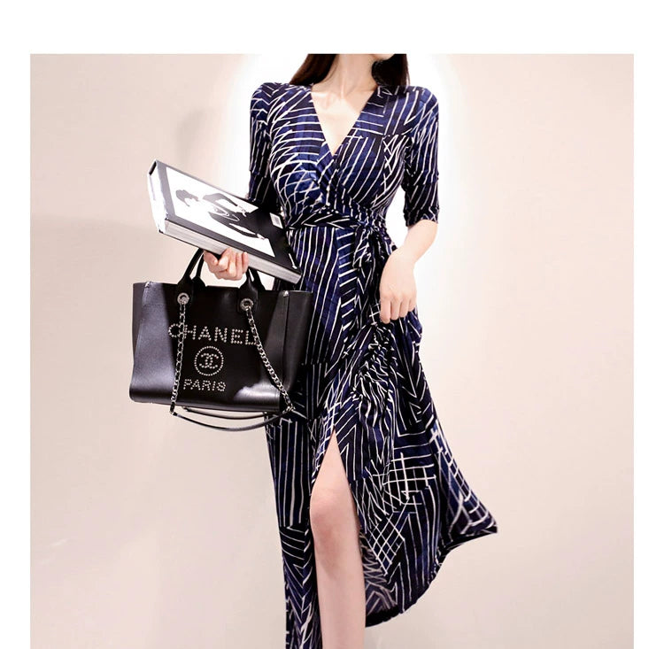 New Spring and Summer One-Piece Print Dress Shoelace Fashion Long Skirt Slim Looking High Elegant V Neck Slim Dress