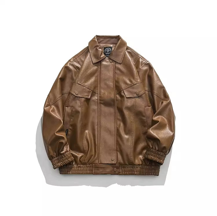 American Fashion Brand Retro Biker's PU Leather Coat Jacket Men's Autumn Leisure Loose Lapels Couple Coat Japanese Style Tops