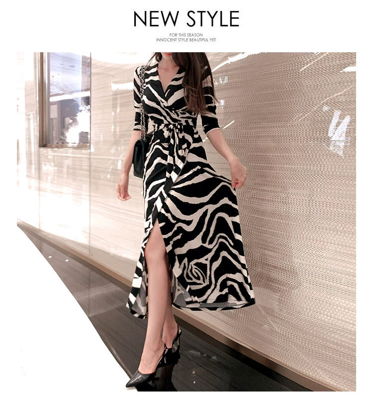 New Spring and Summer One-Piece Print Dress Shoelace Fashion Long Skirt Slim Looking High Elegant V Neck Slim Dress