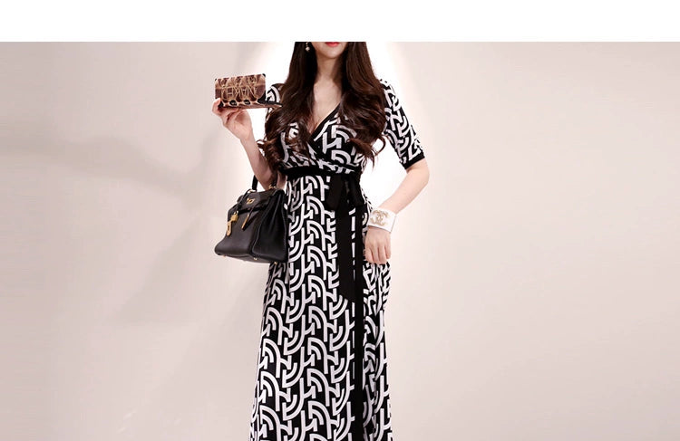 New Spring and Summer One-Piece Print Dress Shoelace Fashion Long Skirt Slim Looking High Elegant V Neck Slim Dress