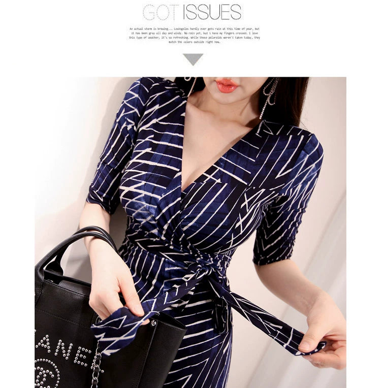 New Spring and Summer One-Piece Print Dress Shoelace Fashion Long Skirt Slim Looking High Elegant V Neck Slim Dress