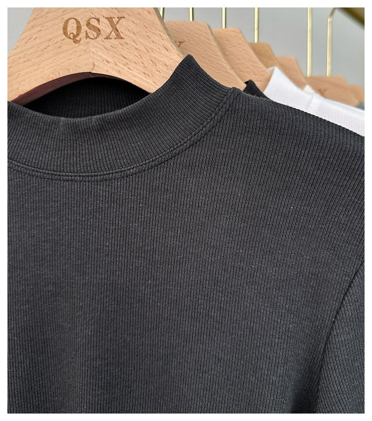 Fall and Winter Elastic Threaded Long Sleeve Silm Short Bottoming Shirt