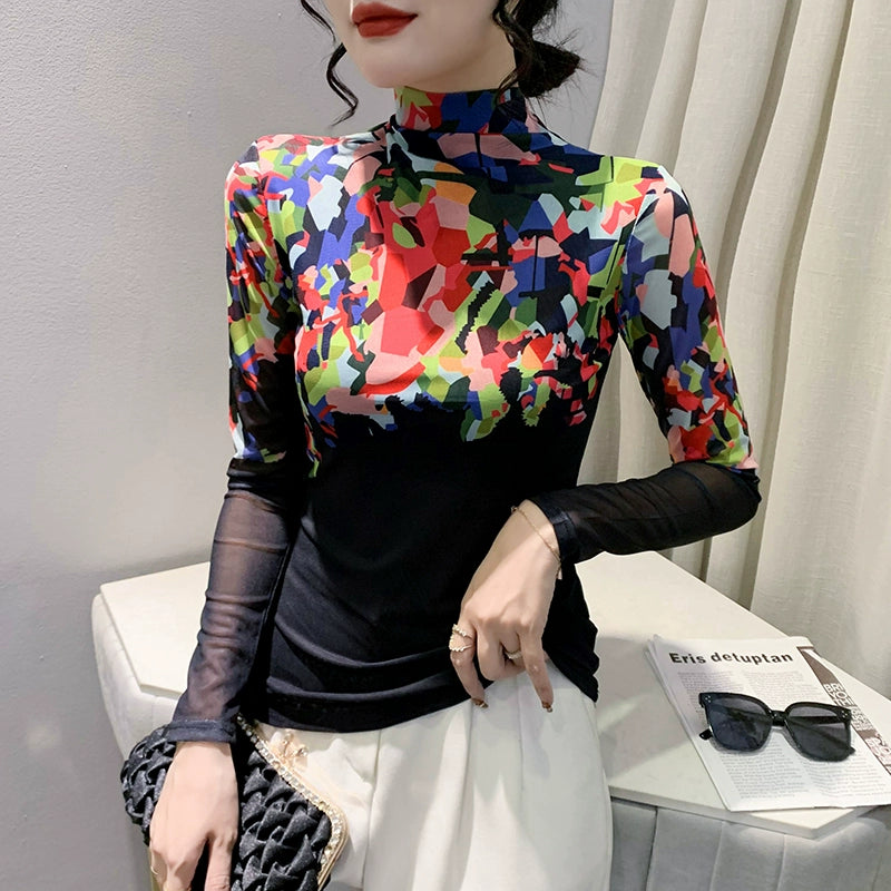 Printed Top Design Long Sleeve Mesh