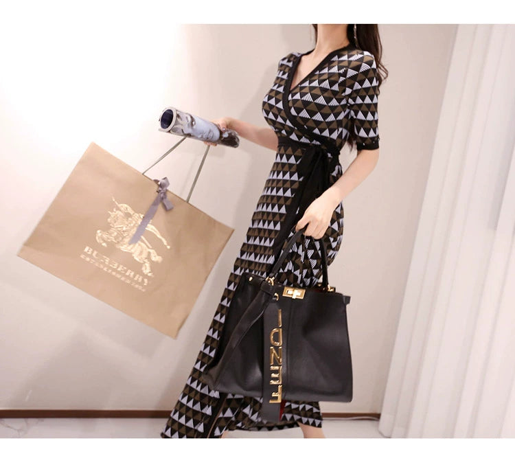 New Spring and Summer One-Piece Print Dress Shoelace Fashion Long Skirt Slim Looking High Elegant V Neck Slim Dress