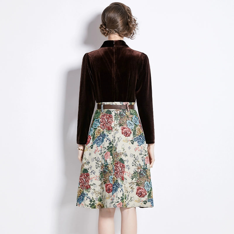 Gold Velvet Jacquard Fake Two-Piece Dress