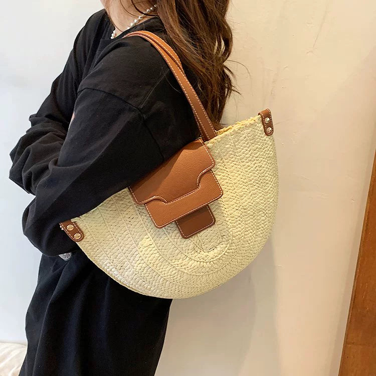 French Style Retro Straw Bag Semicircle Underarm Shoulder Messenger Bag Seaside Vacation Beach Woven Bag
