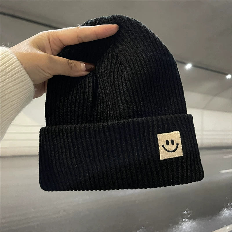 Cute Smiling Face Women's Autumn and Winter Black Wool Hat