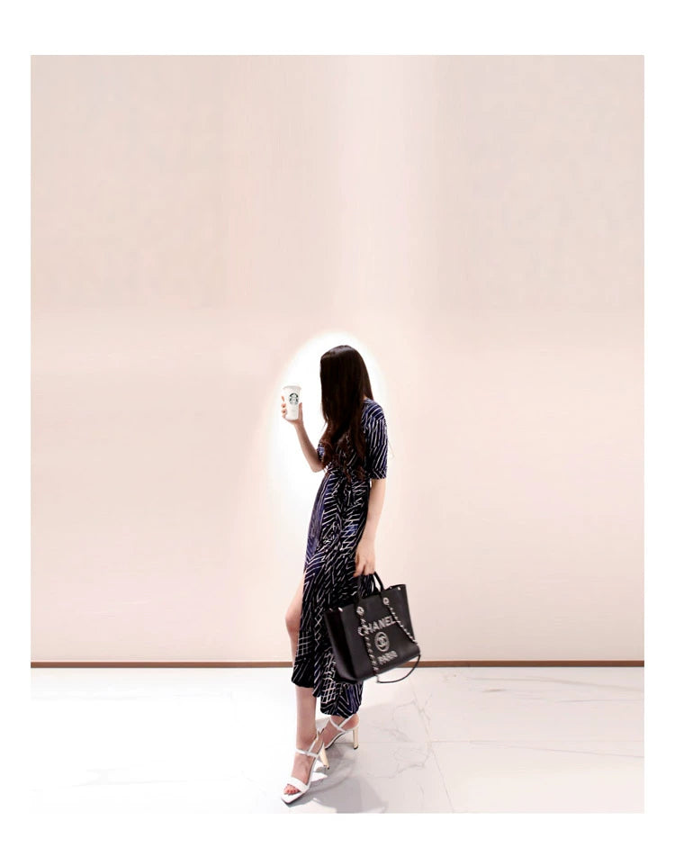 New Spring and Summer One-Piece Print Dress Shoelace Fashion Long Skirt Slim Looking High Elegant V Neck Slim Dress