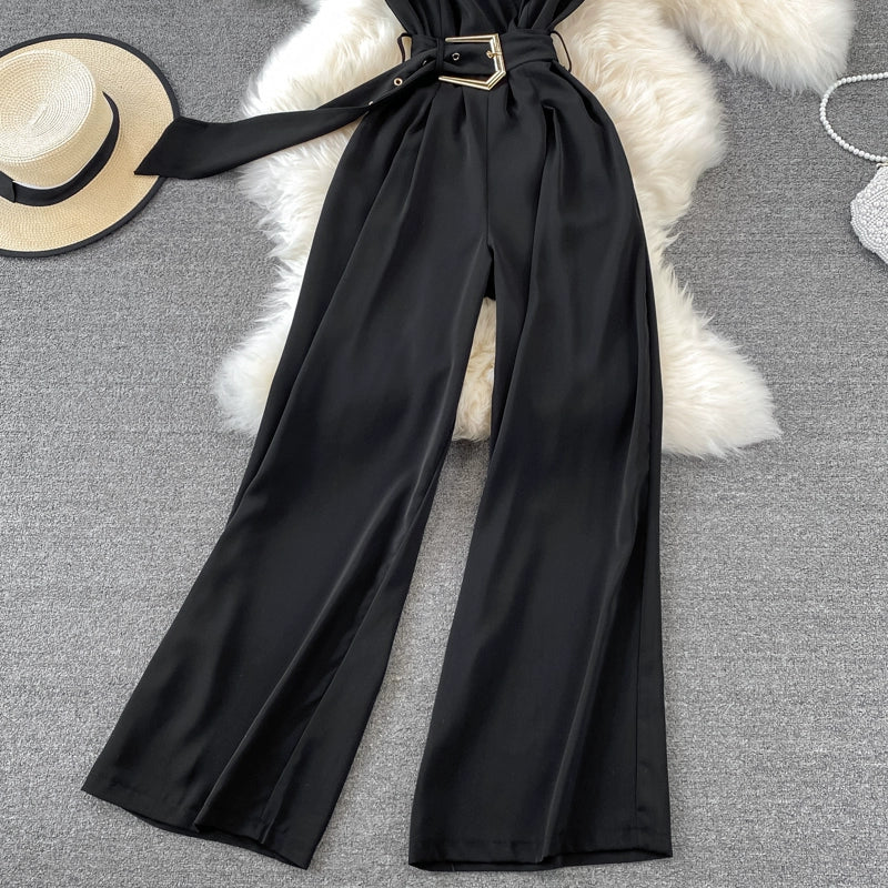 K-style V Neck High Waist Fashion Casual Drooping Wide Leg Pants