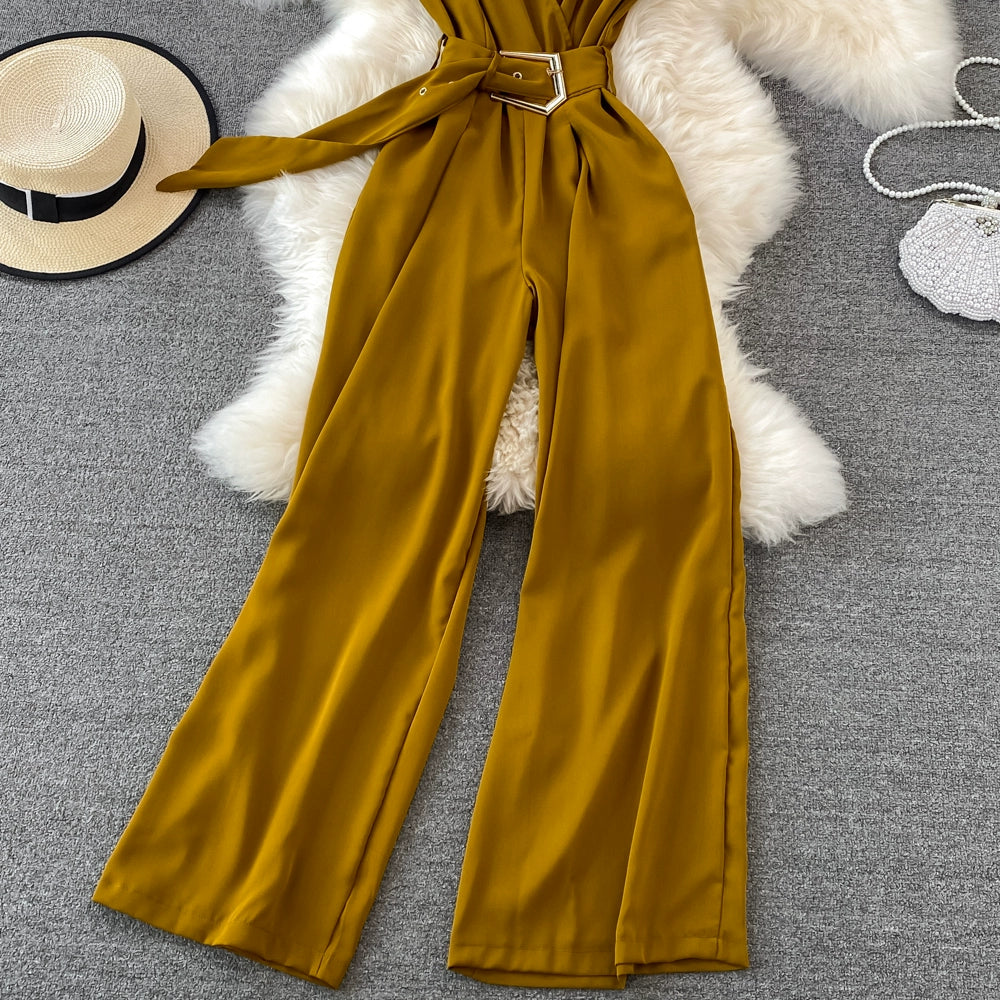 K-style V Neck High Waist Fashion Casual Drooping Wide Leg Pants