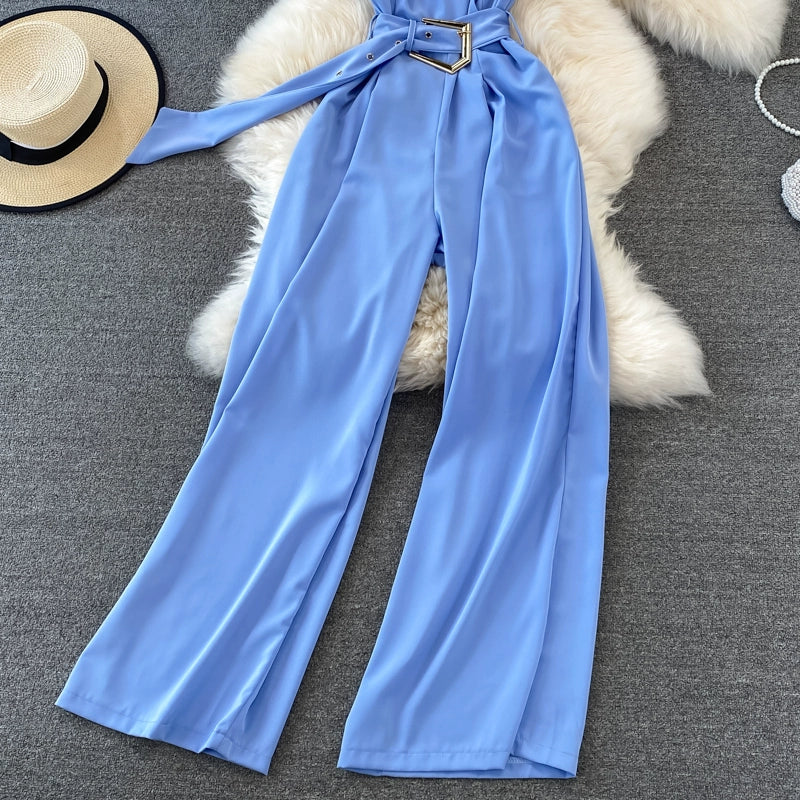 K-style V Neck High Waist Fashion Casual Drooping Wide Leg Pants