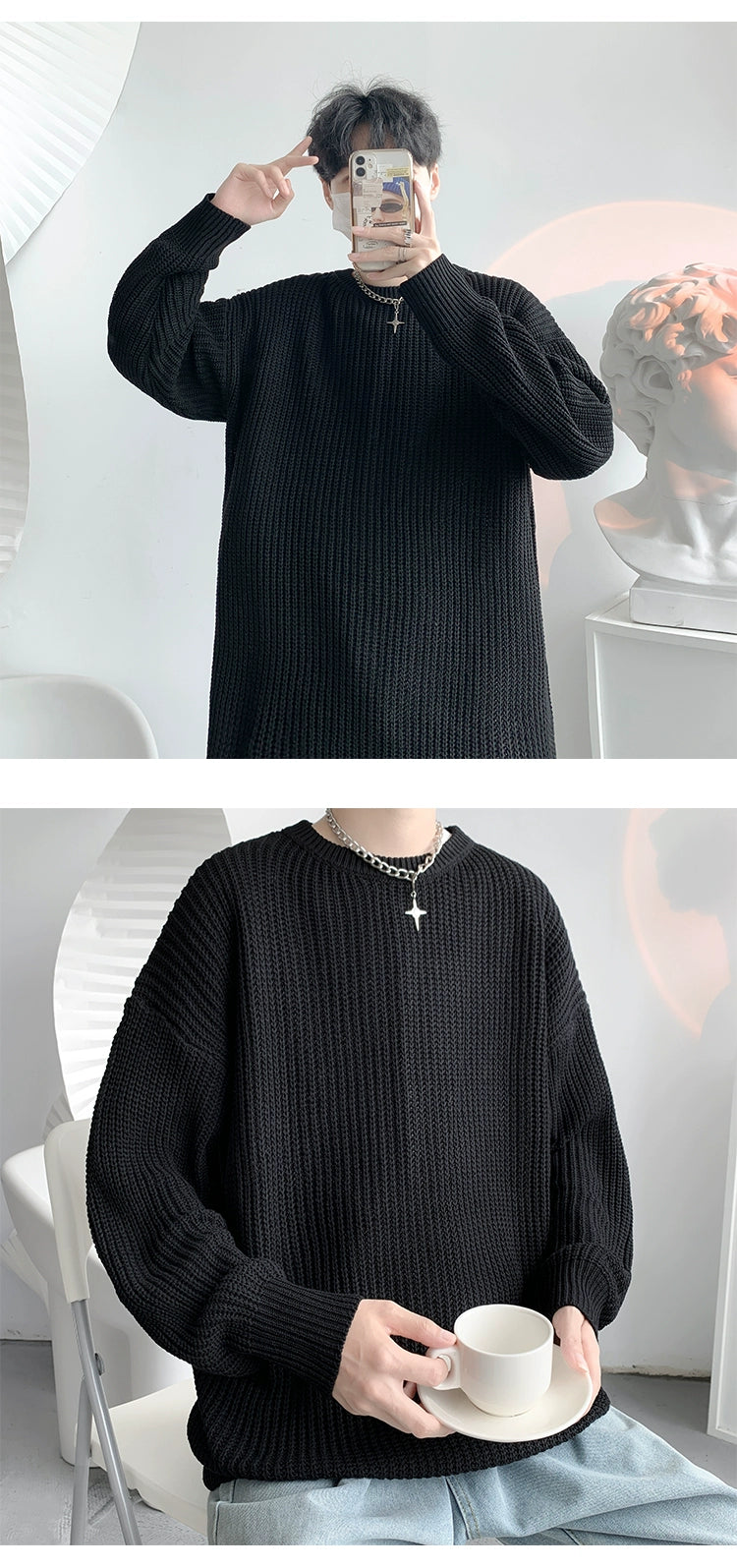 Hong Kong Style Sweater Men's Loose and Lazy Style Ins Casual Solid Color Sweater Japanese-Style Retro Student All-Matching Sweater