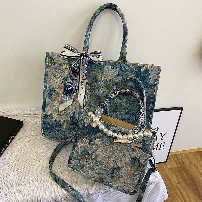 Monet Garden Oil Painting Tote Bag Women 2024 New Trendy Large Capacity Niche Commuter Embroidery Portable Shoulder Bag