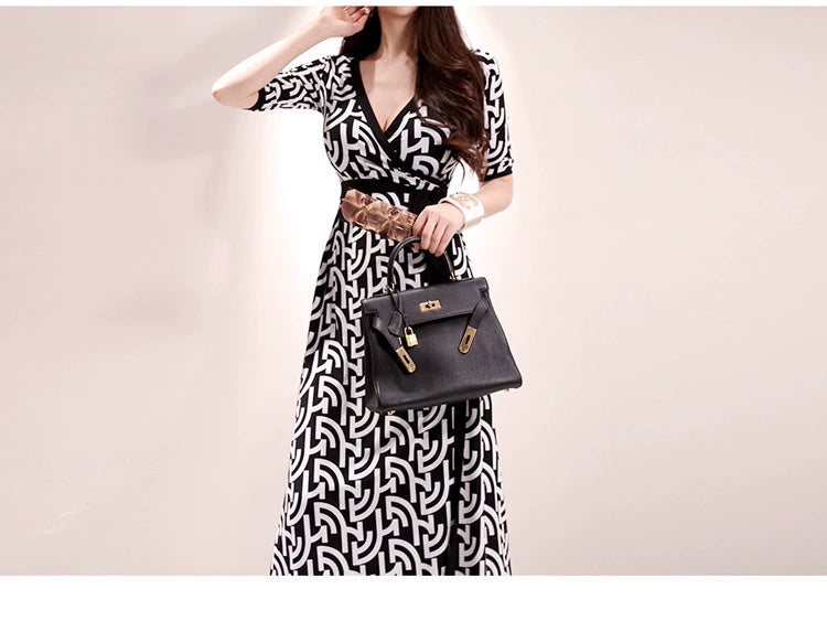 New Spring and Summer One-Piece Print Dress Shoelace Fashion Long Skirt Slim Looking High Elegant V Neck Slim Dress