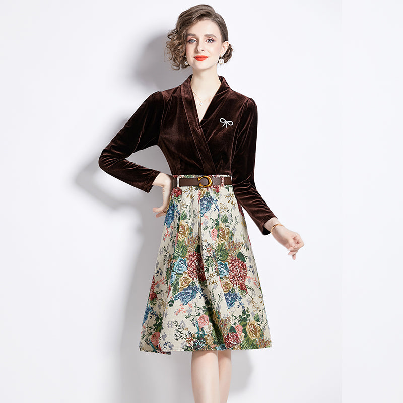 Gold Velvet Jacquard Fake Two-Piece Dress