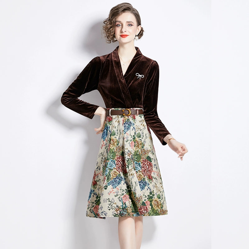 Gold Velvet Jacquard Fake Two-Piece Dress