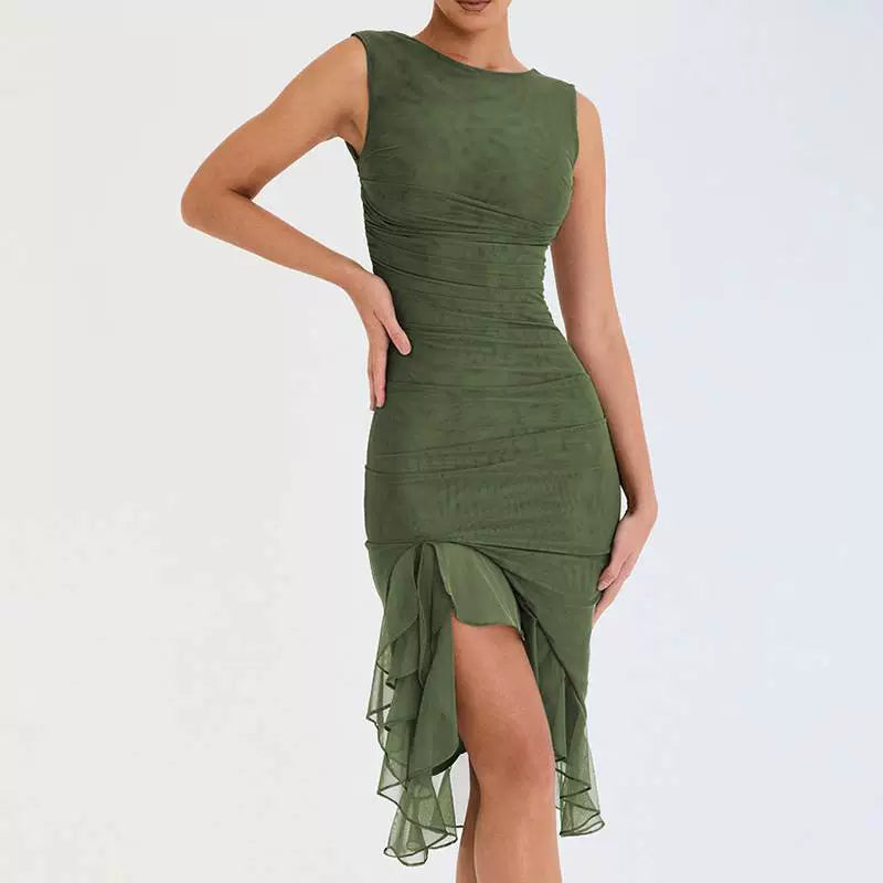 Magnificent Chinese Clothing European and American Style New round Neck Sleeveless Elegant Fashion Double Layer Sexy Tight Open Back Pleated Midi Dress