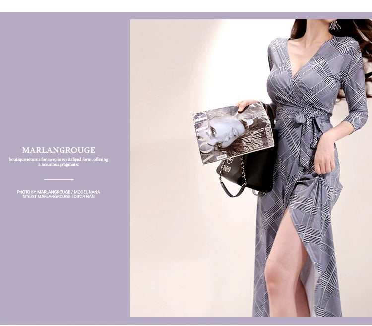 New Spring and Summer One-Piece Print Dress Shoelace Fashion Long Skirt Slim Looking High Elegant V Neck Slim Dress