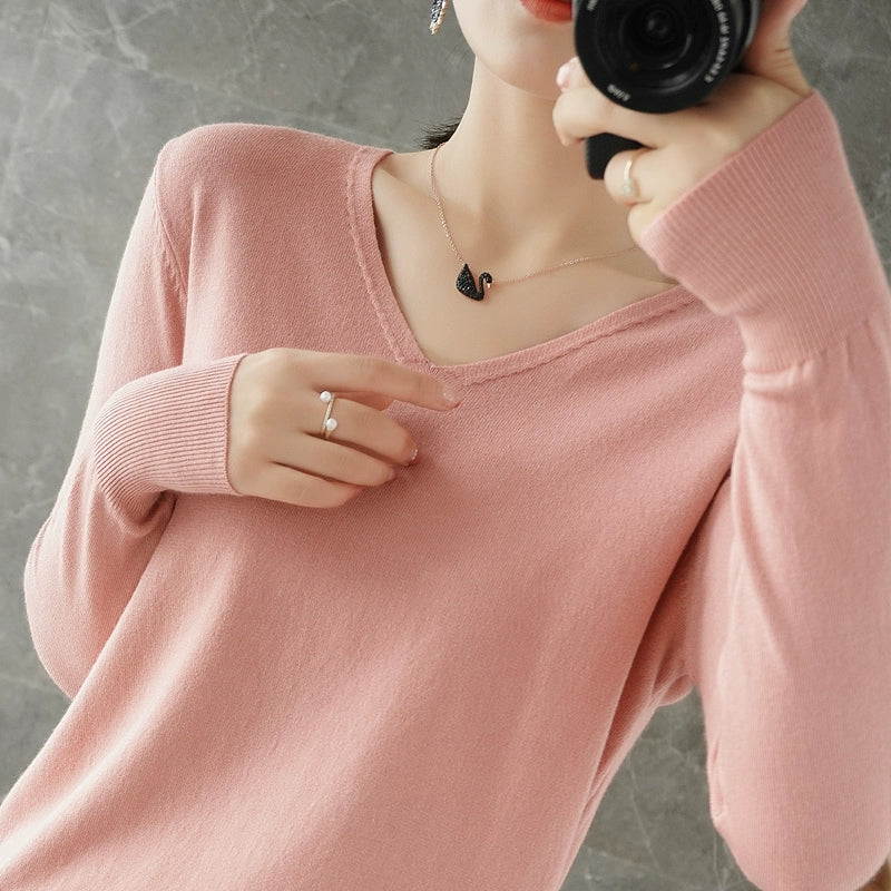Spring and Autumn V-neck Thin Knitted Fashion Tops Cashmere Sweater