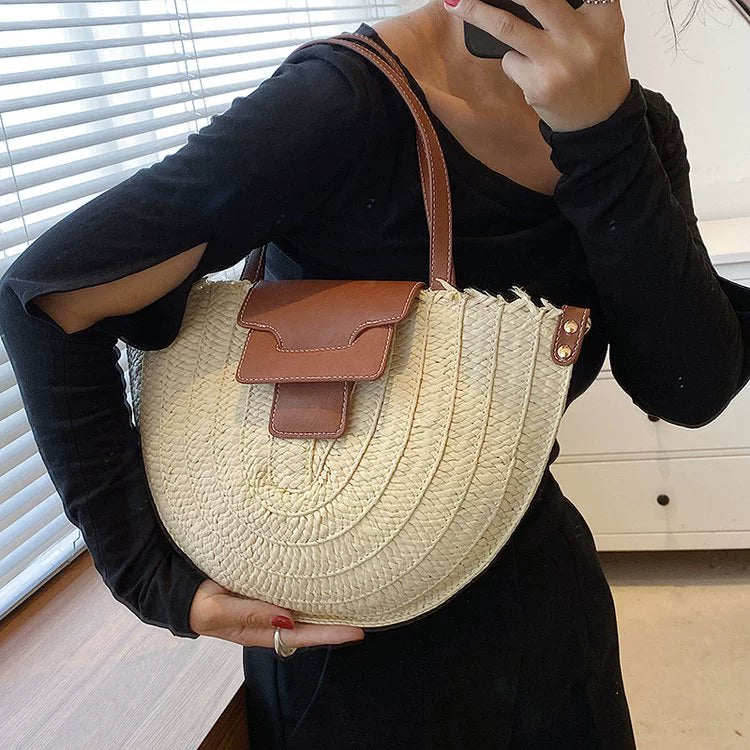 French Style Retro Straw Bag Semicircle Underarm Shoulder Messenger Bag Seaside Vacation Beach Woven Bag